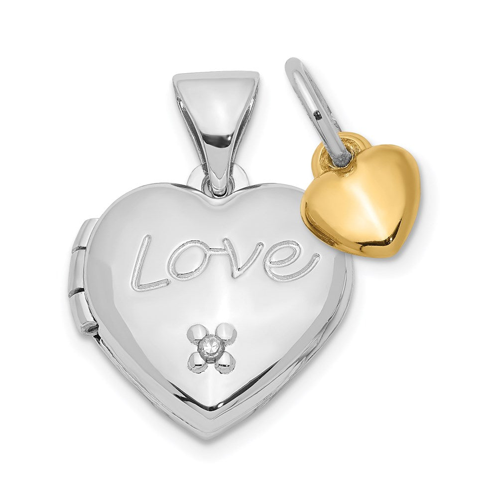 DSS Sterling Silver Rhodium-plated w/Gold-plated Dia w/ Charm Heart Locket