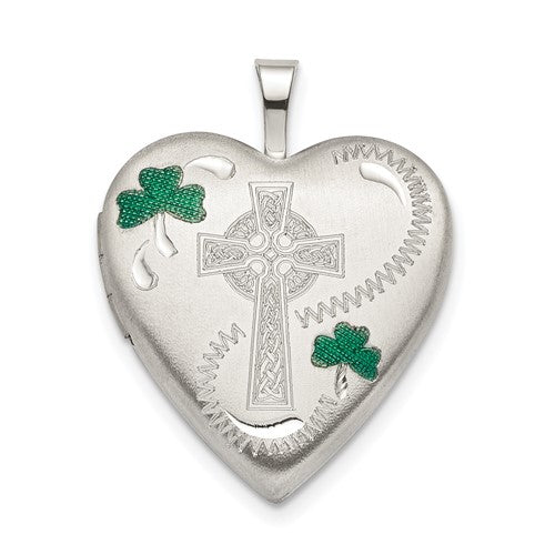 SSP Sterling Silver Rhod-pltd 20mm Green Enamel Clover/Cross Heart Locket