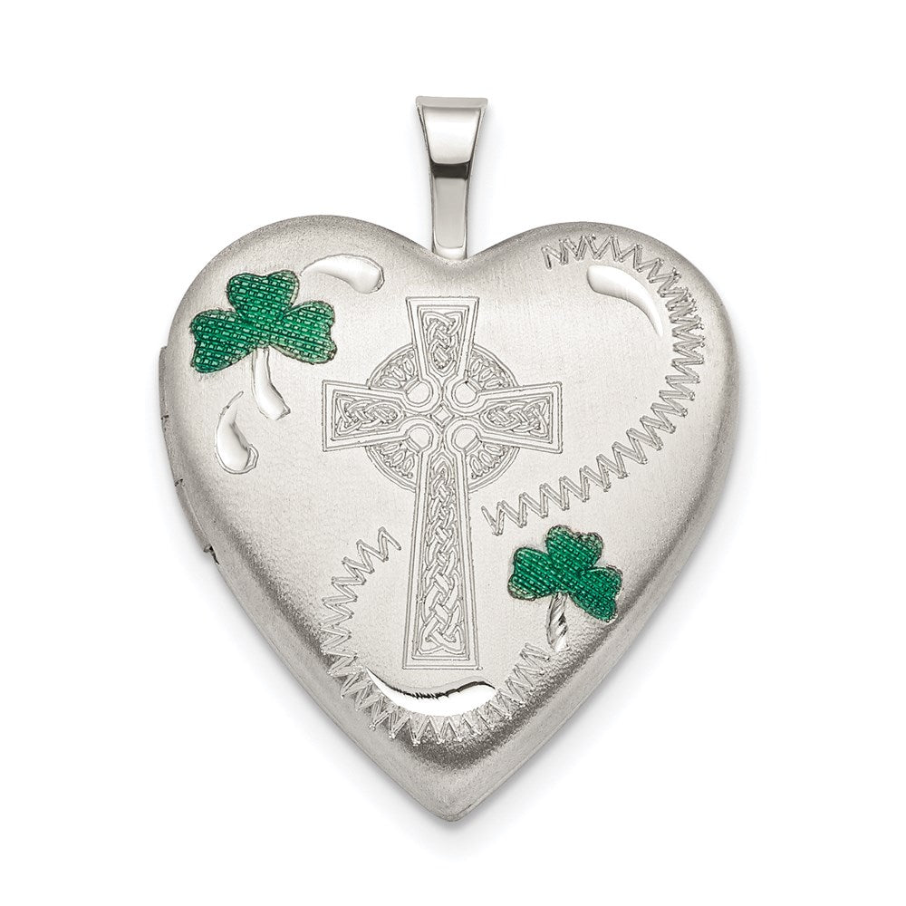 SSP Sterling Silver Rhod-pltd 20mm Green Enamel Clover/Cross Heart Locket