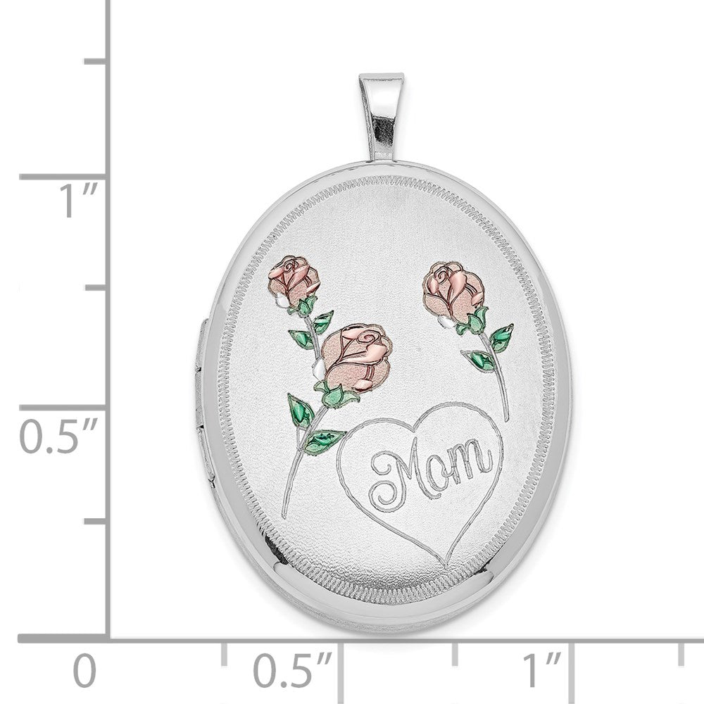 SSP Sterling Silver RH 26mm Satin/Polished Enameled Roses Mom Oval Locket