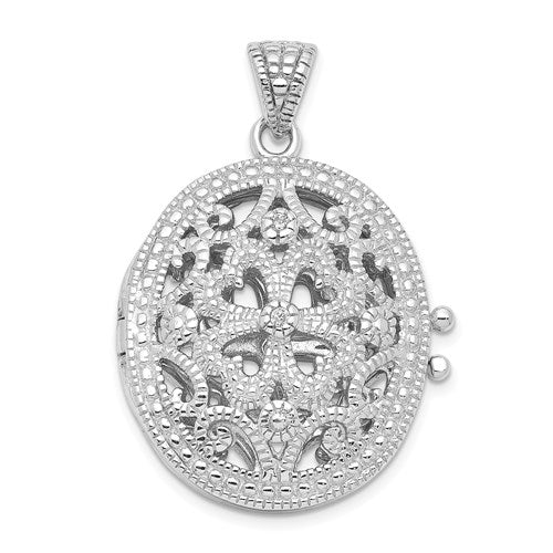 SSP Sterling Silver Rhodium-plated CZ Fancy Filigree Oval 22mm Locket