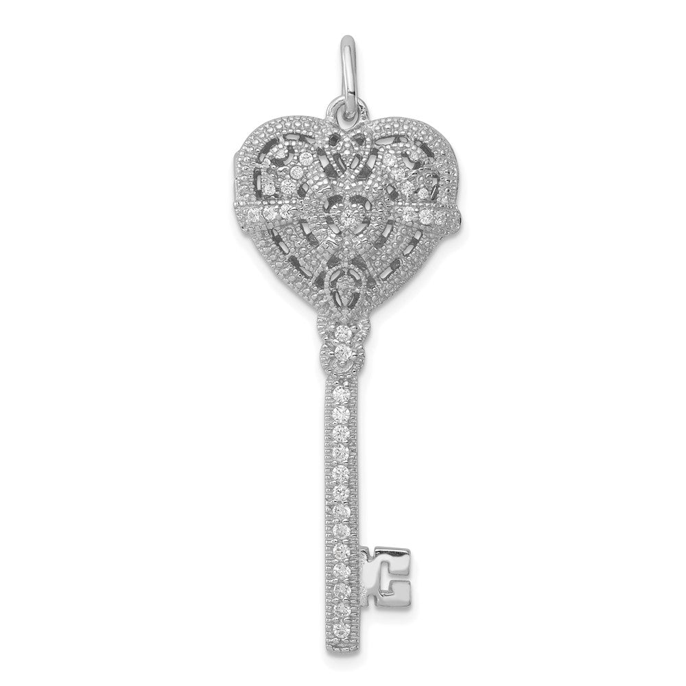 SSCZ Sterling Silver Rhodium-plated CZ Heart Key Locket