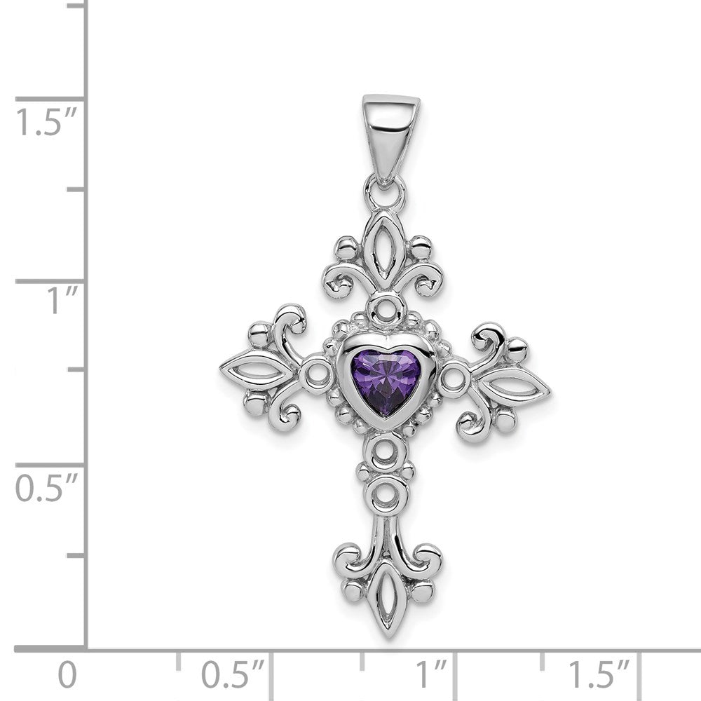 GSS Sterling Silver Rhodium-plated Amethyst Cross Pendant