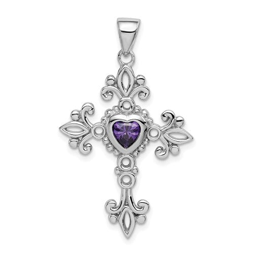 GSS Sterling Silver Rhodium-plated Amethyst Cross Pendant