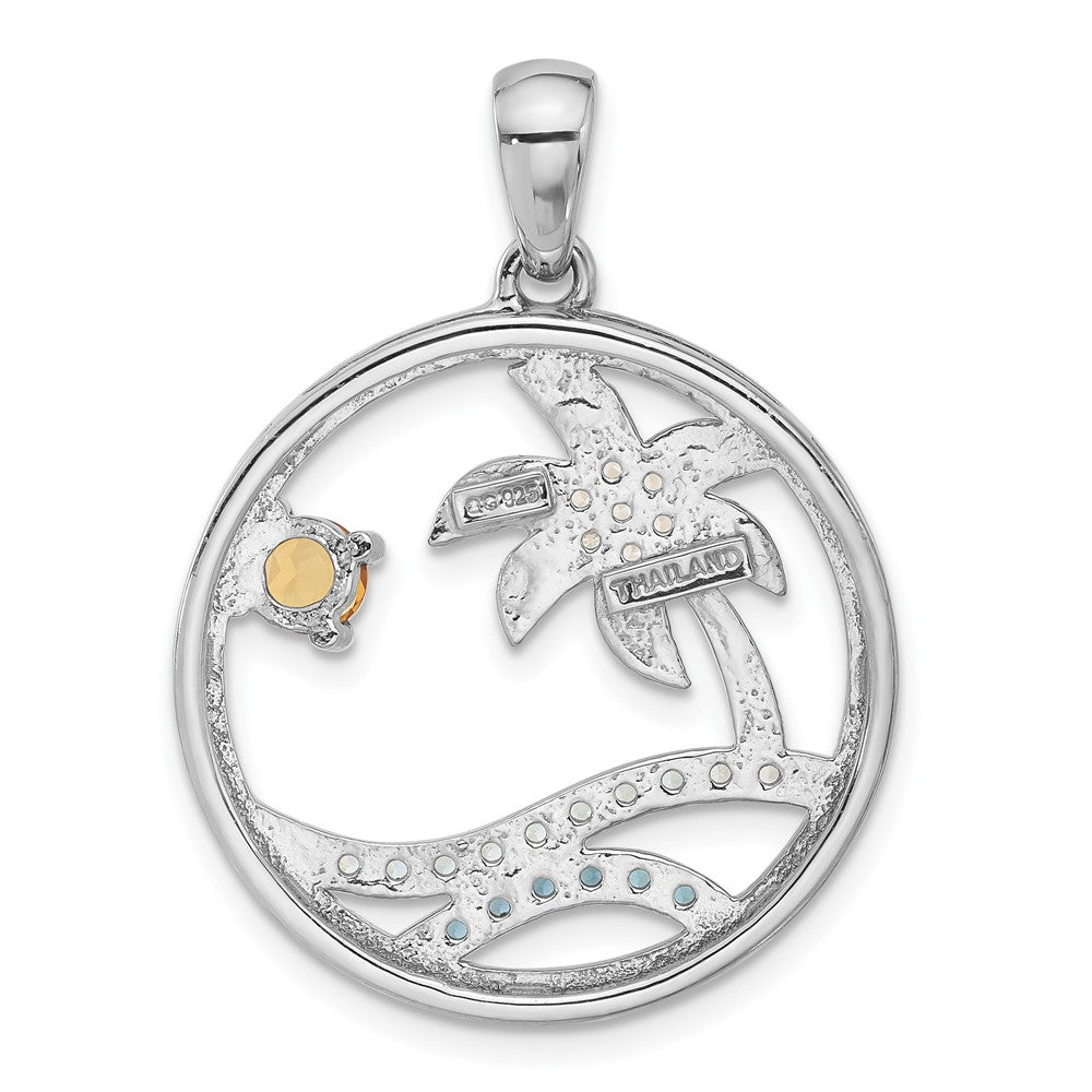 GSS Sterling Silver Rhodium-plated Polished Rainbow Multi-Gemstone Ocean Palm Tree Pendant