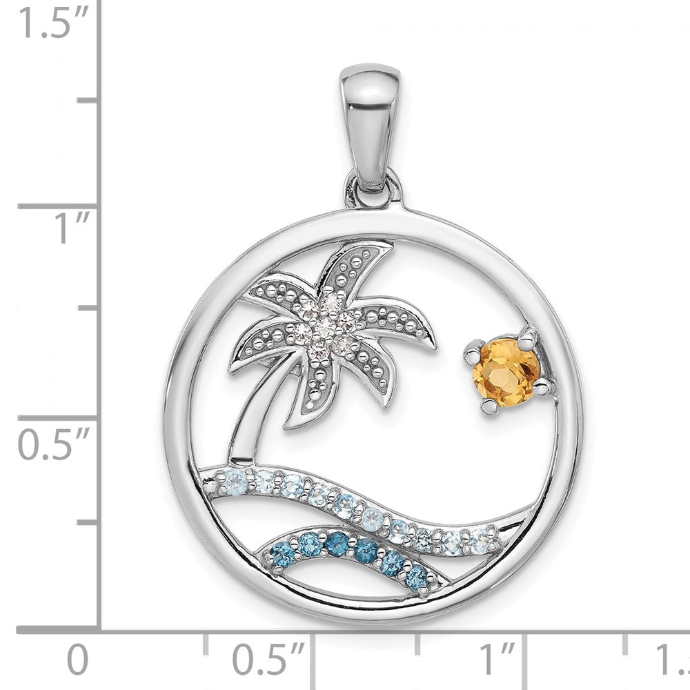 GSS Sterling Silver Rhodium-plated Polished Rainbow Multi-Gemstone Ocean Palm Tree Pendant