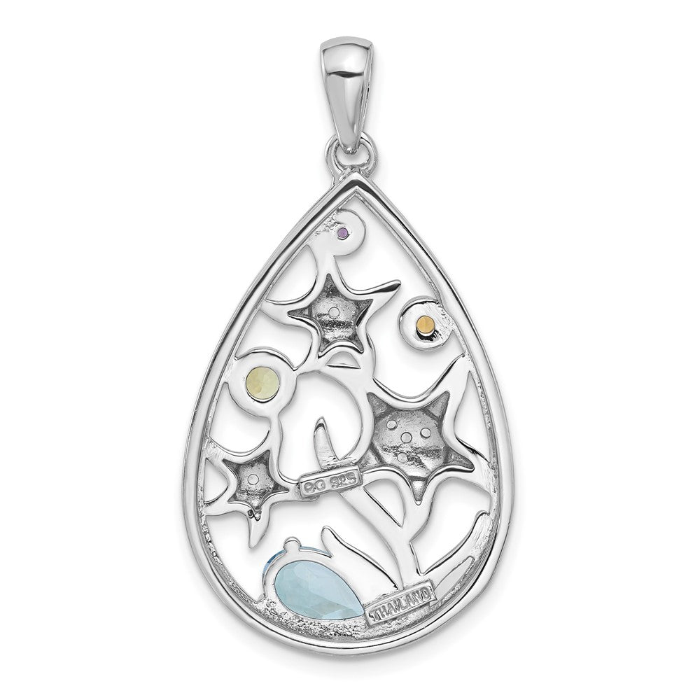 GSS Sterling Silver Rhodium-plated Polished Rainbow Multi-Gemstone Starfish Pendant