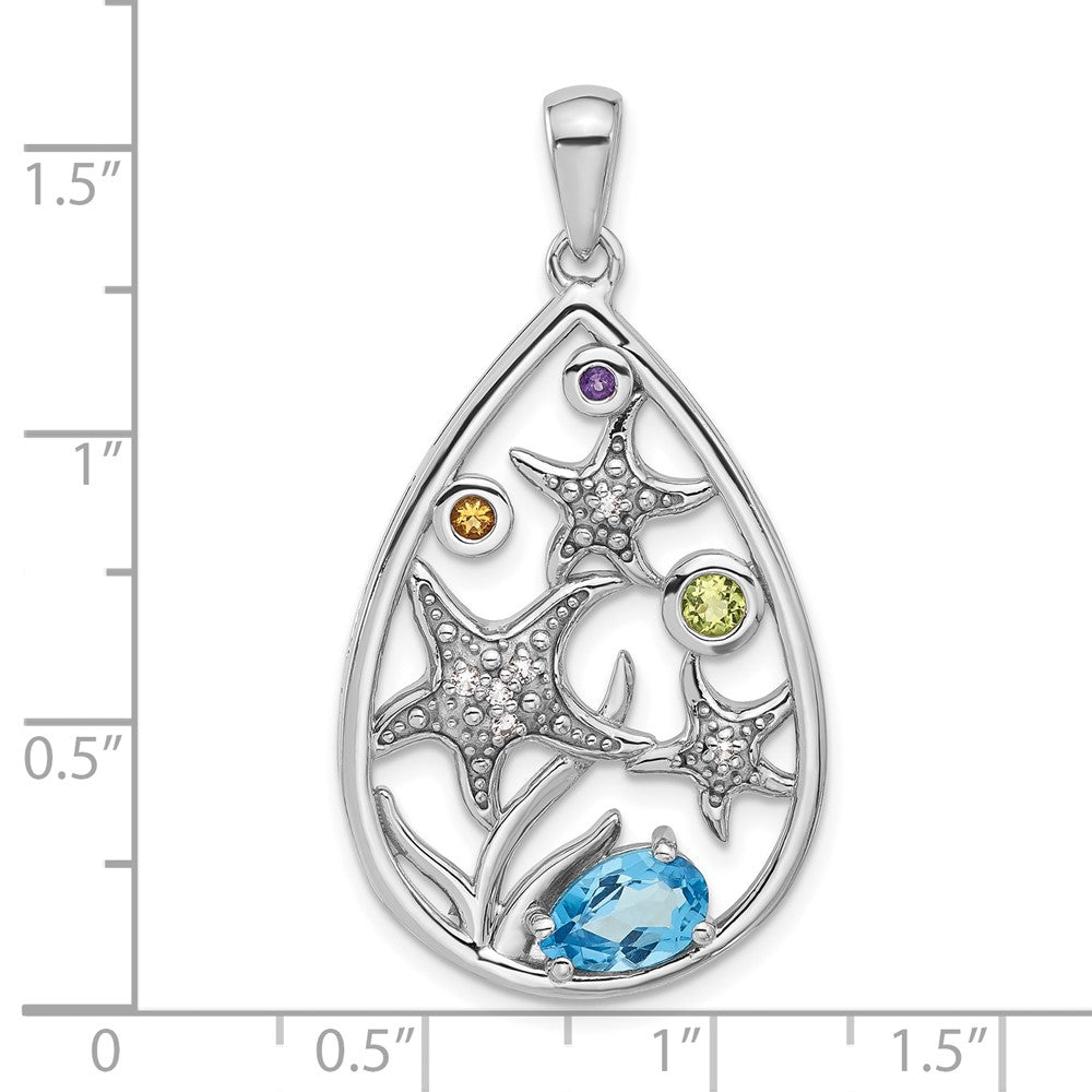 GSS Sterling Silver Rhodium-plated Polished Rainbow Multi-Gemstone Starfish Pendant