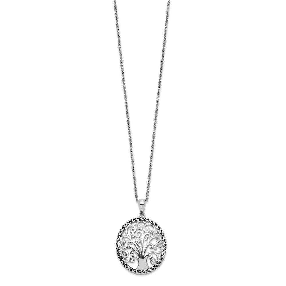 SE Sterling Silver Rhodium-plated CZ Antiqued Tree of Life 18in Necklace
