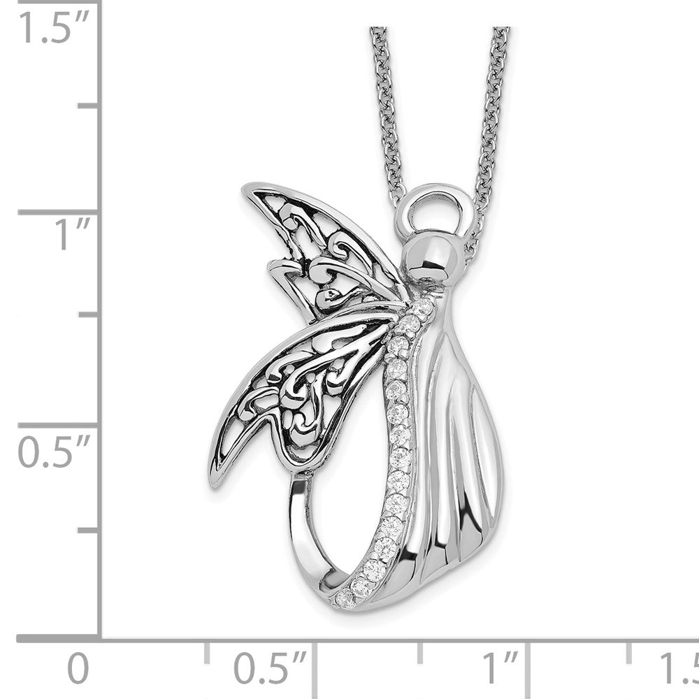 SE Sterling Silver Rhodium-plated CZ Antiqued Angel of Perseverance 18in Necklace