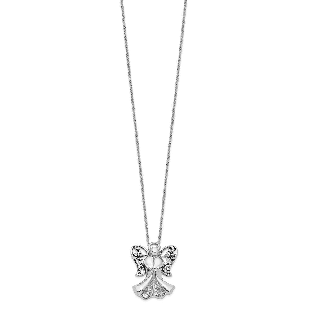 SE Sterling Silver Rhodium-plated CZ Antiqued Angel of Strength 18in Necklace