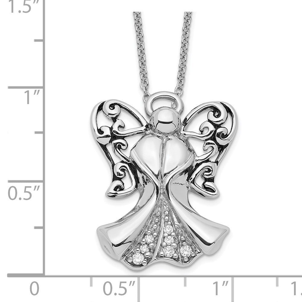 SE Sterling Silver Rhodium-plated CZ Antiqued Angel of Strength 18in Necklace