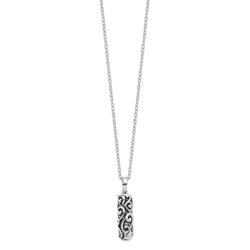 SE Sterling Silver Rhodium-plated Antiqued Cylinder Remembrance Ash Holder 18 Inch Necklace