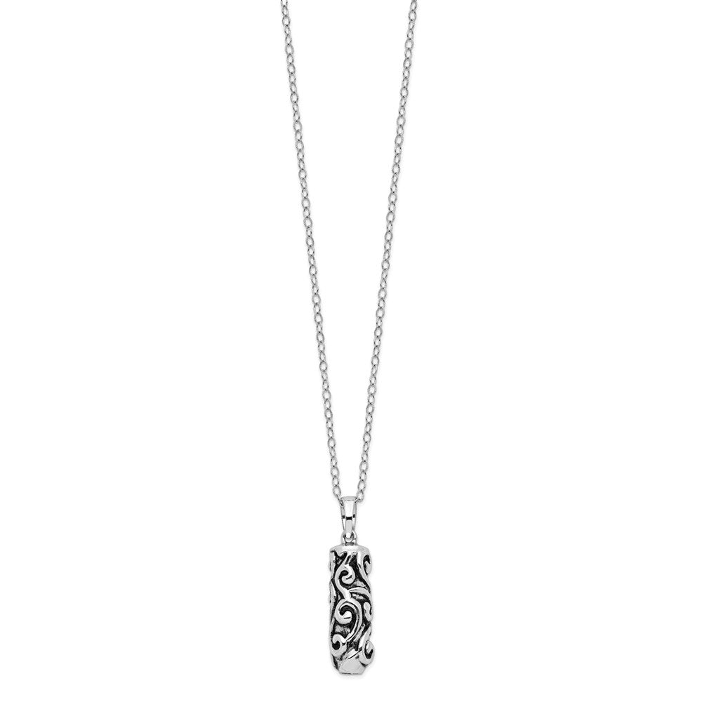 SE Sterling Silver Rhodium-plated Antiqued Cylinder Remembrance Ash Holder 18 Inch Necklace