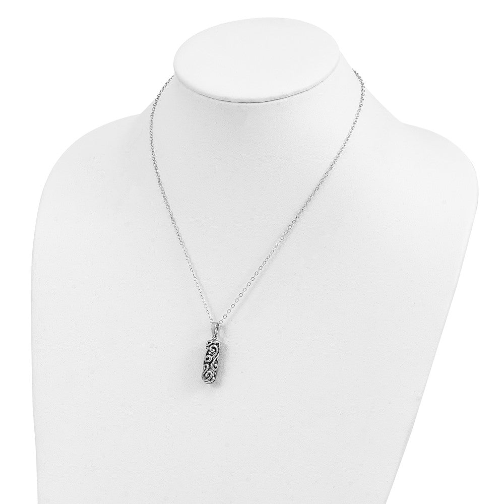 SE Sterling Silver Rhodium-plated Antiqued Cylinder Remembrance Ash Holder 18 Inch Necklace