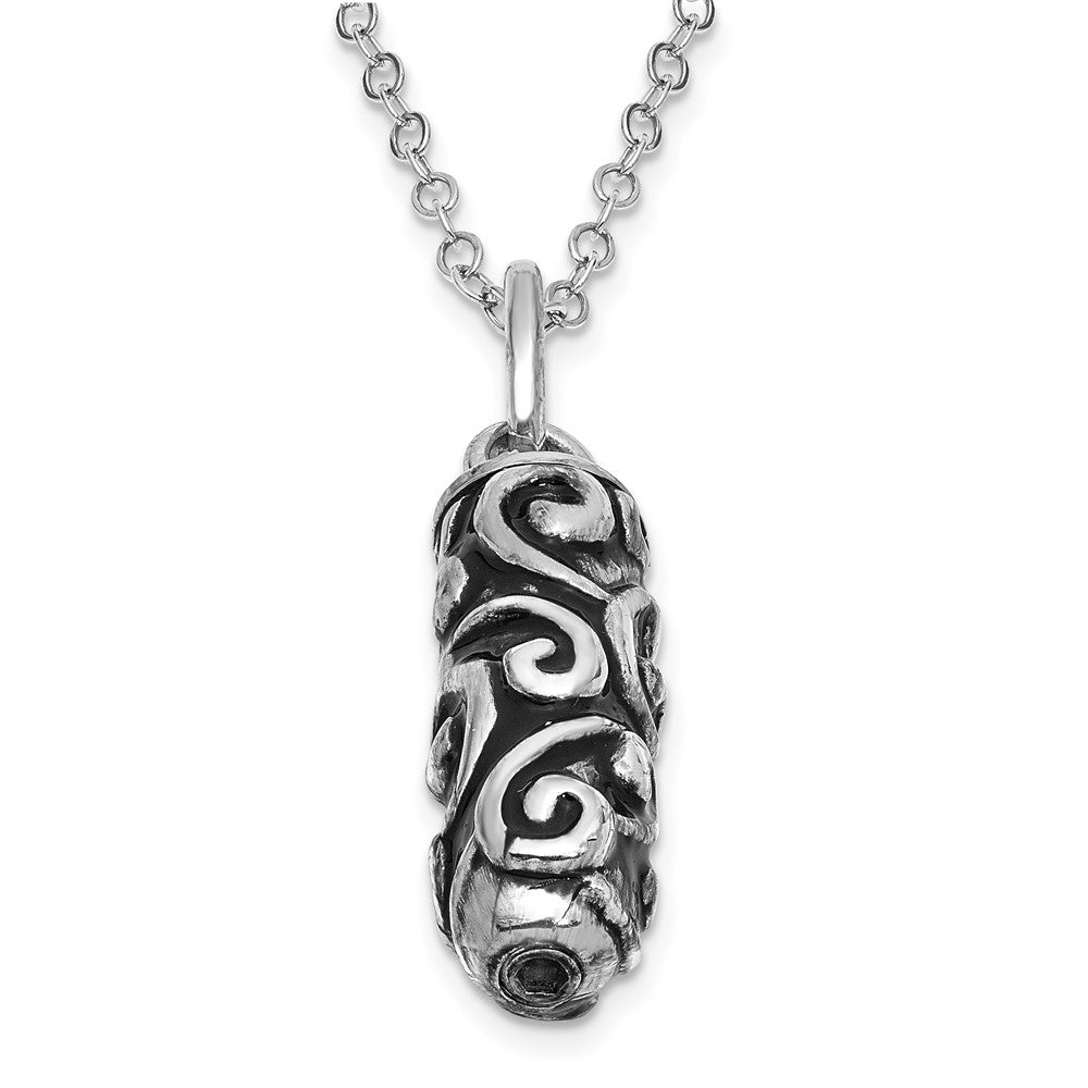 SE Sterling Silver Rhodium-plated Antiqued Cylinder Remembrance Ash Holder 18 Inch Necklace