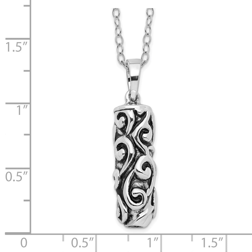 SE Sterling Silver Rhodium-plated Antiqued Cylinder Remembrance Ash Holder 18 Inch Necklace