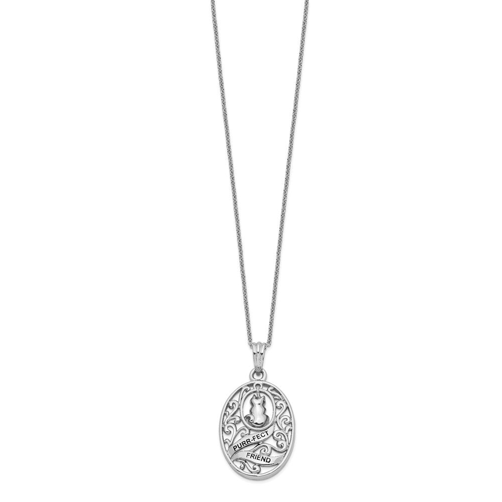 SE Sterling Silver Rhodium-plated Antiqued Animal Friends-Cat 18in Necklace
