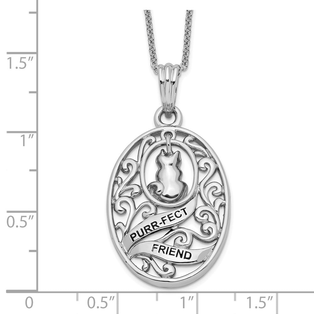 SE Sterling Silver Rhodium-plated Antiqued Animal Friends-Cat 18in Necklace