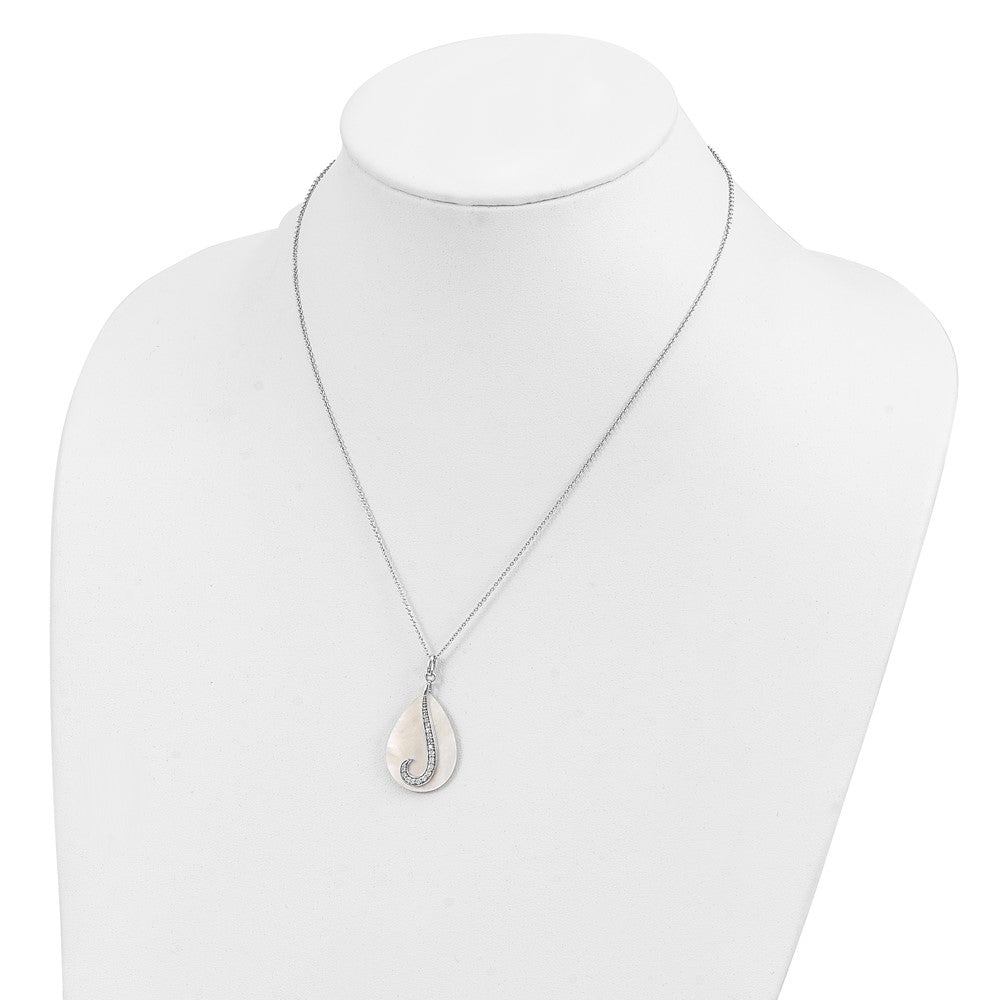 SE Sterling Silver Rhodium-plated Mother of Pearl CZ Tear From Heaven 18in Necklace