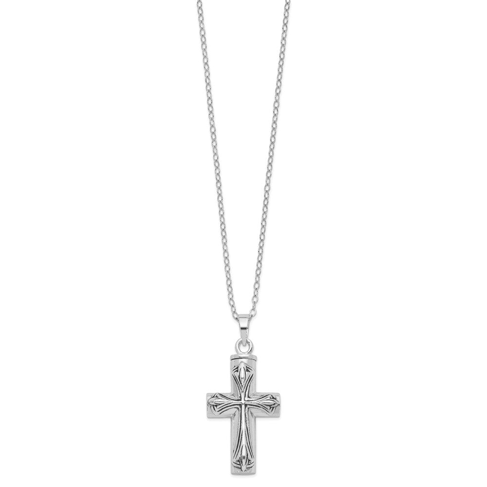 SE Sterling Silver Rhodium-plated Antiqued Cross Ash Holder 18 Inch Necklace