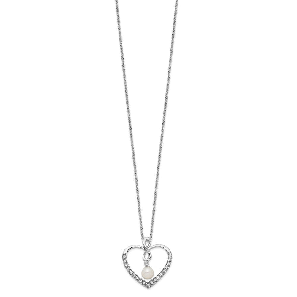 SE Sterling Silver Rhodium-plated CZ and FW Cultured Pearl My Friend 18in Heart Necklace