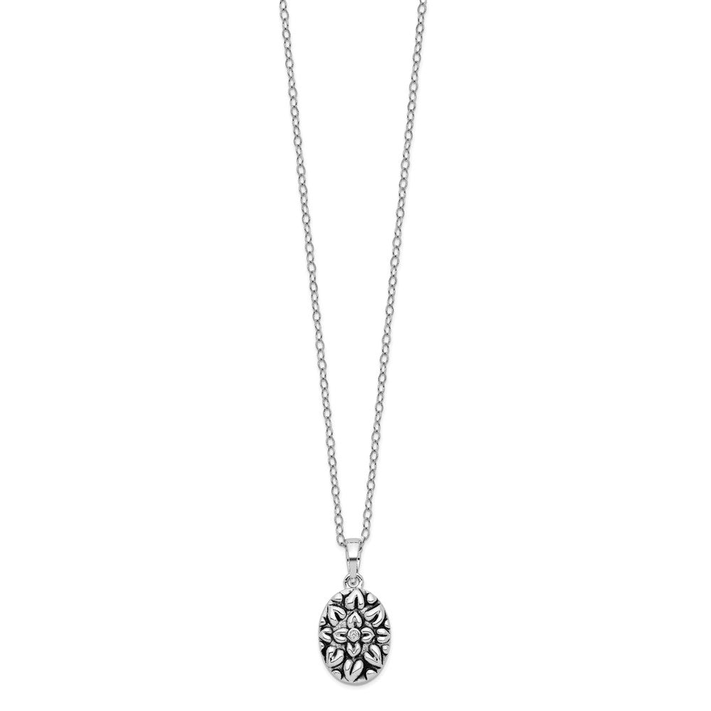 SE Sterling Silver Rhodium-plated CZ Antiqued Flower Ash Holder 18 Inch Necklace