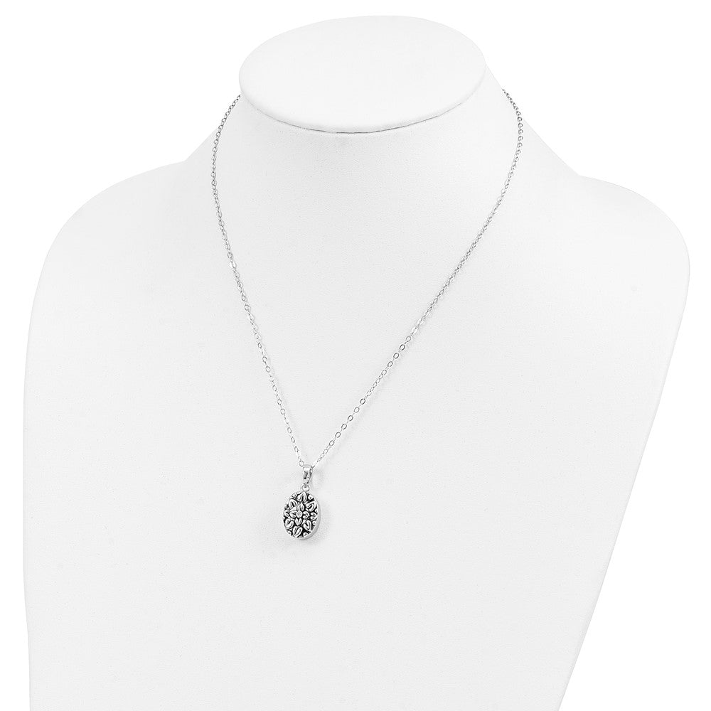 SE Sterling Silver Rhodium-plated CZ Antiqued Flower Ash Holder 18 Inch Necklace