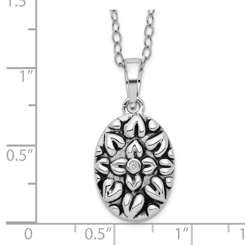 SE Sterling Silver Rhodium-plated CZ Antiqued Flower Ash Holder 18 Inch Necklace
