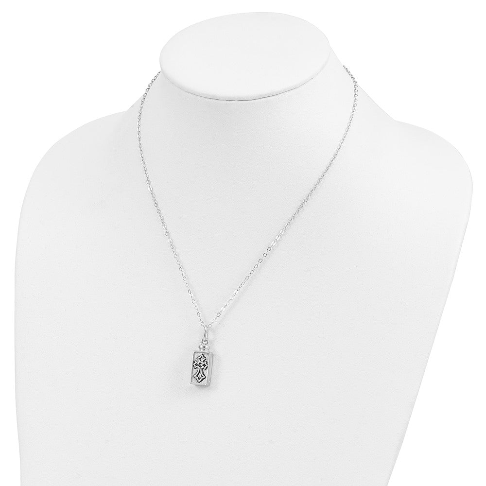 SE Sterling Silver Rhodium-plated Antiqued Rectangle Box Cross Ash Holder 18 Inch Necklace