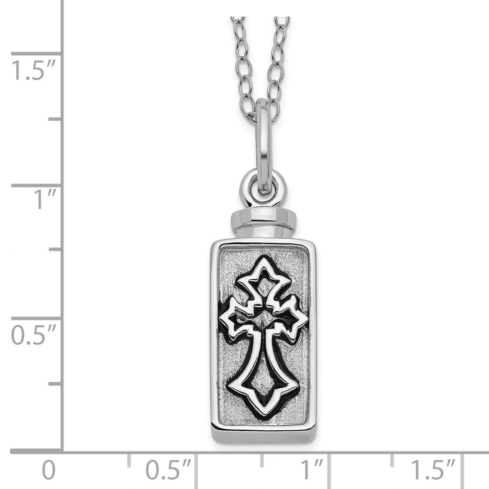 SE Sterling Silver Rhodium-plated Antiqued Rectangle Box Cross Ash Holder 18 Inch Necklace