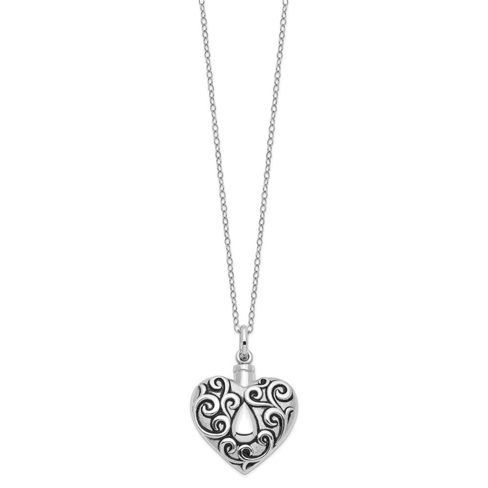 SE Sterling Silver Rhodium-plated Antiqued Grieving Heart Ash Holder 18 Inch Necklace
