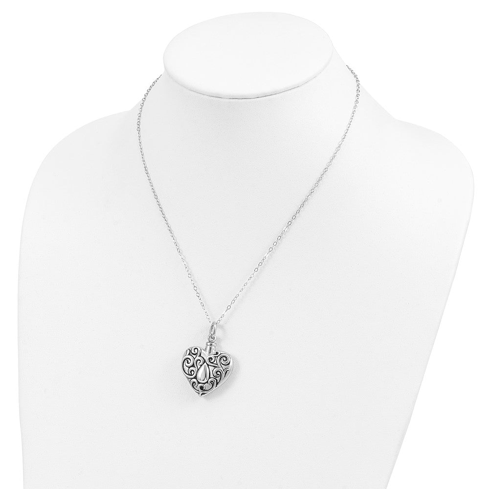 SE Sterling Silver Rhodium-plated Antiqued Grieving Heart Ash Holder 18 Inch Necklace