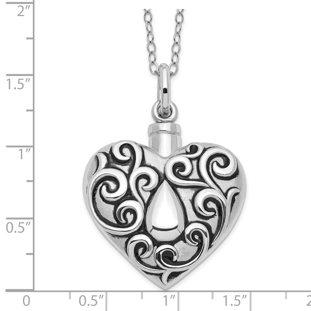 SE Sterling Silver Rhodium-plated Antiqued Grieving Heart Ash Holder 18 Inch Necklace