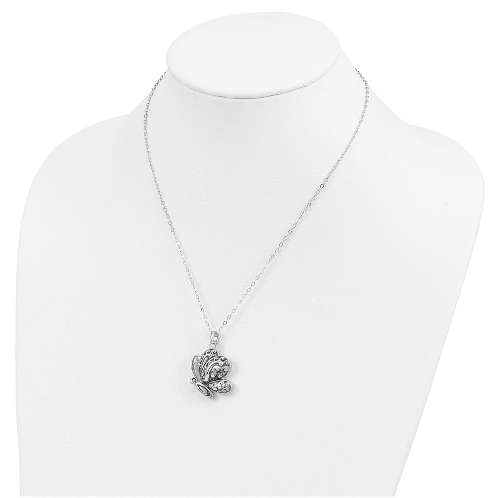 SE Sterling Silver Rhodium-plated Antiqued Butterfly Ash Holder 18 Inch Necklace