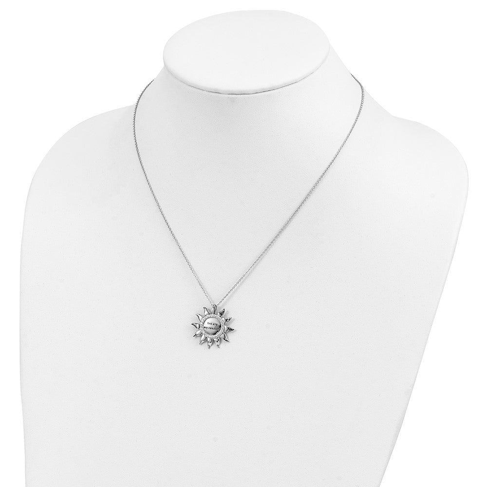 SE Sterling Silver Rhodium-plated CZ Antiqued You Are My Sunshine 18in. Necklace