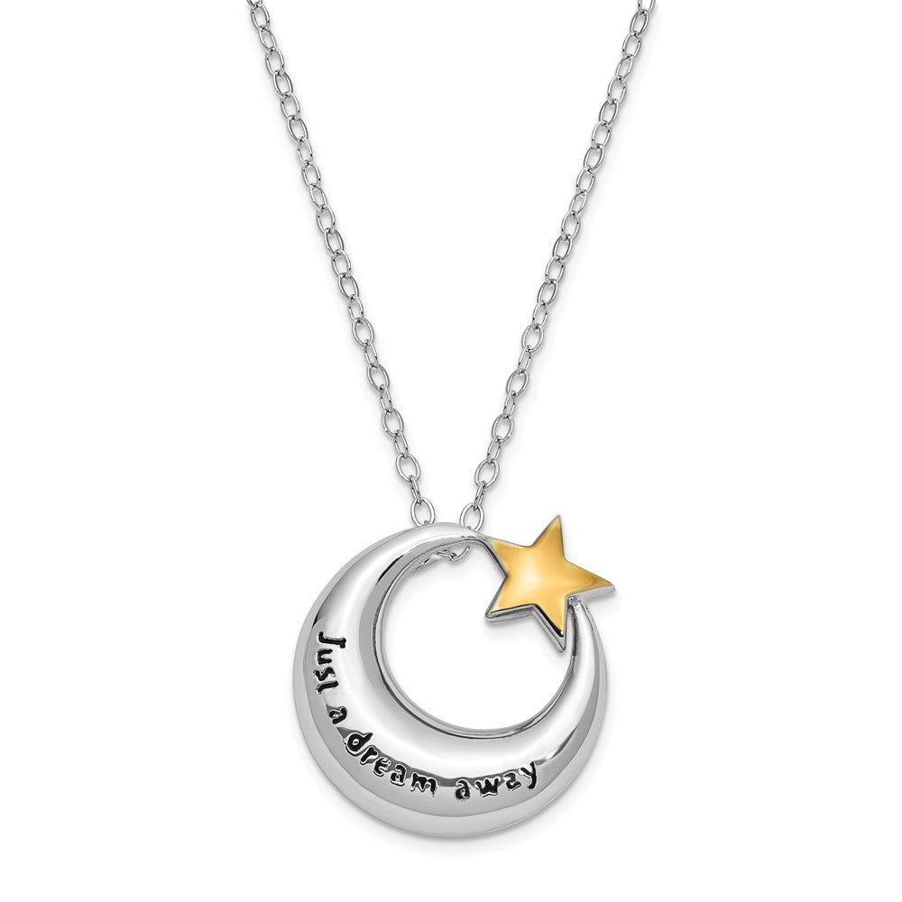 SE Sterling Silver Rhodium Antiqued Just A Dream Away Moon with Gold-tone Accent Star Ash Holder 18 Inch Necklace