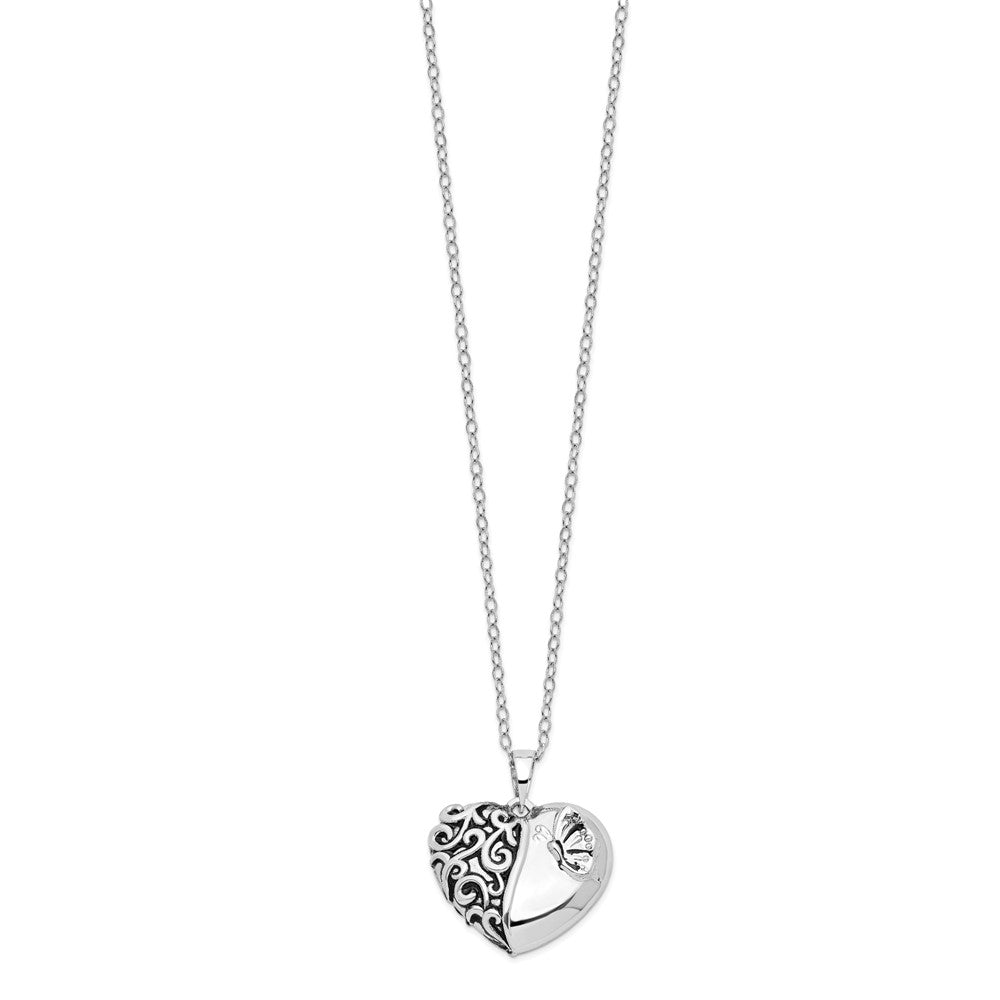 SE Sterling Silver Rhodium-plated Antiqued One More Day Heart Shape with Butterfly Ash Holder 18 Inch Necklace
