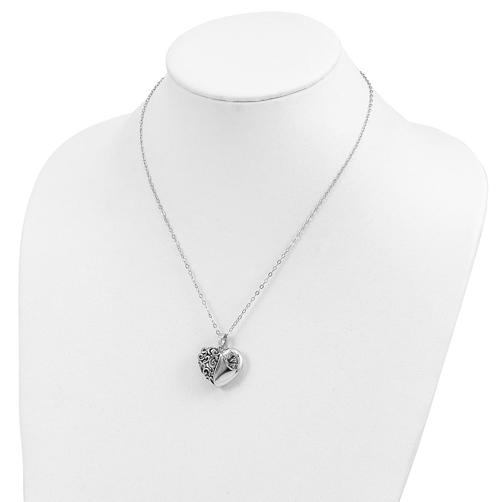 SE Sterling Silver Rhodium-plated Antiqued One More Day Heart Shape with Butterfly Ash Holder 18 Inch Necklace