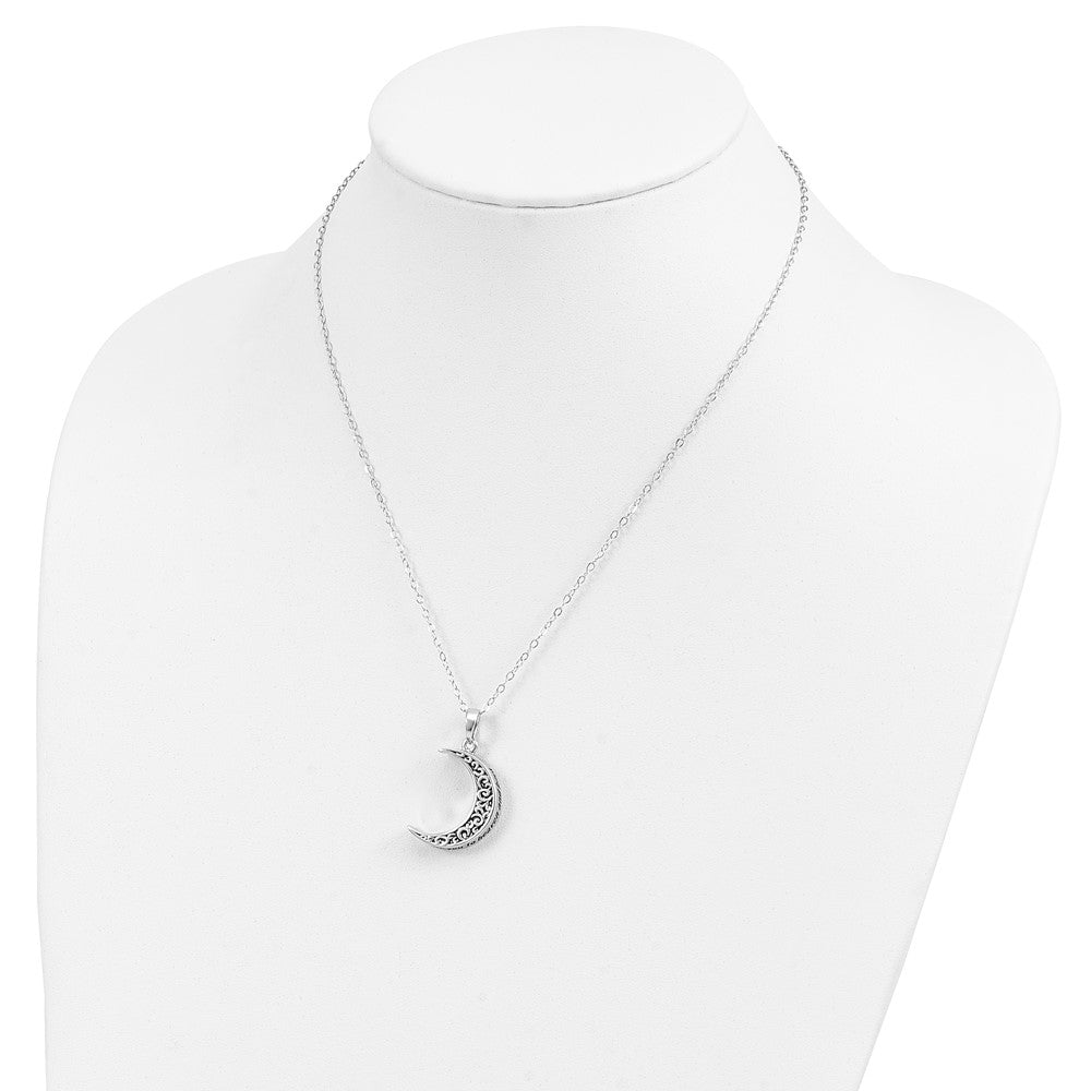 SE Sterling Silver Rhodium-plated Antiqued Quarter Moon Ash Holder 18 Inch Necklace