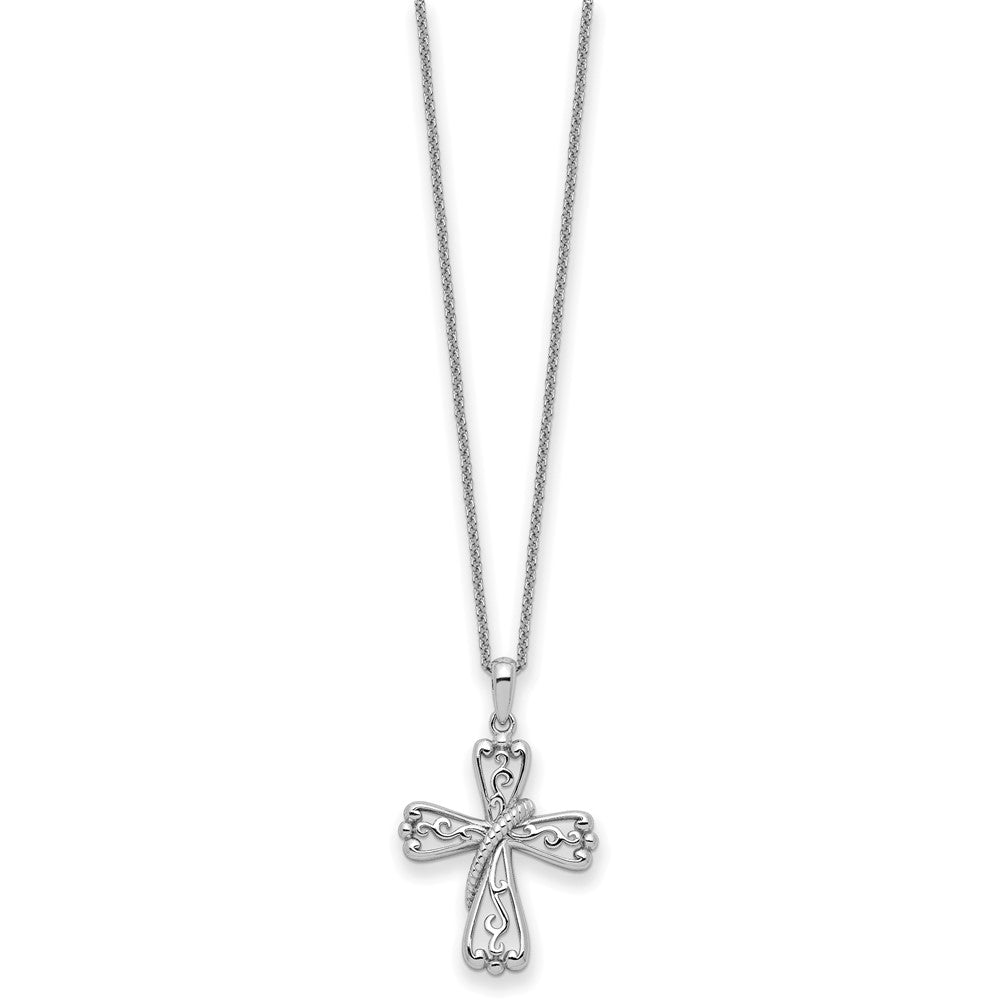 SE Sterling Silver Rhodium-plated Love Never Fails Cross 22in Necklace