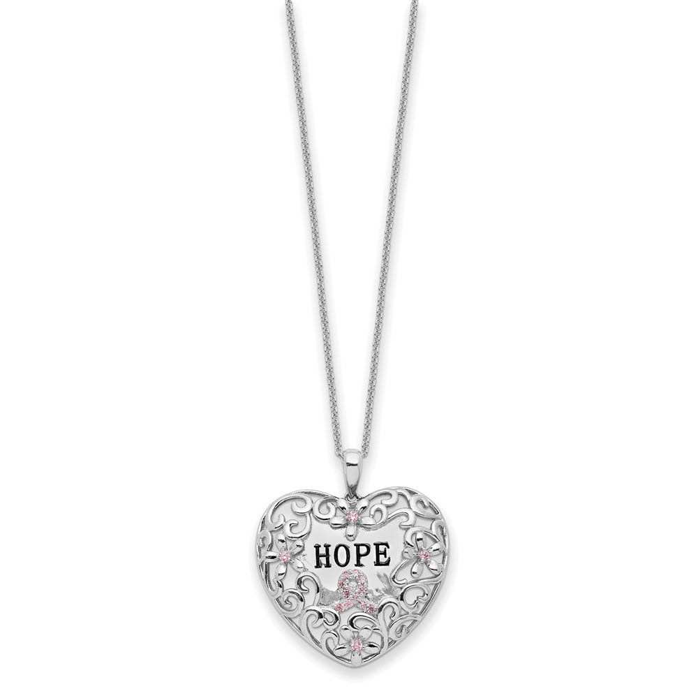 SE Sterling Silver Rhodium-plated Pink CZ Breast Cancer Heart 18in Necklace