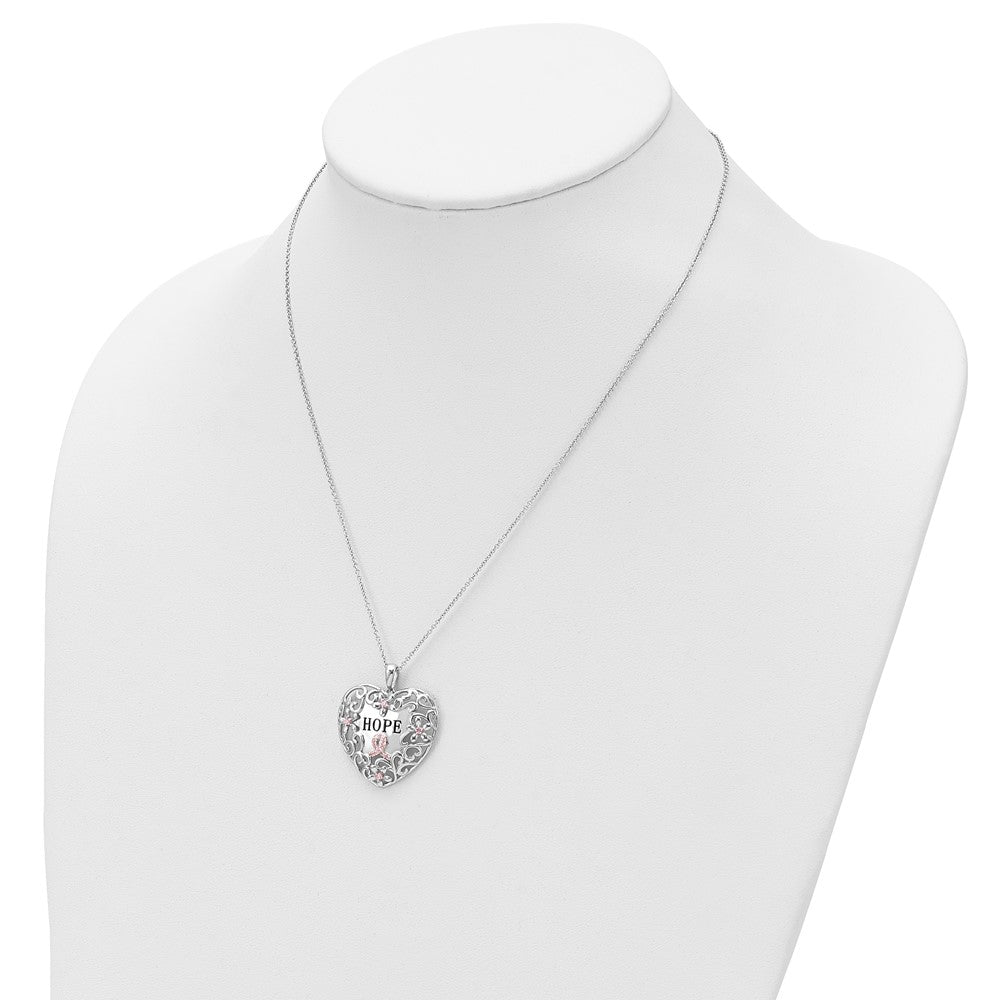 SE Sterling Silver Rhodium-plated Pink CZ Breast Cancer Heart 18in Necklace
