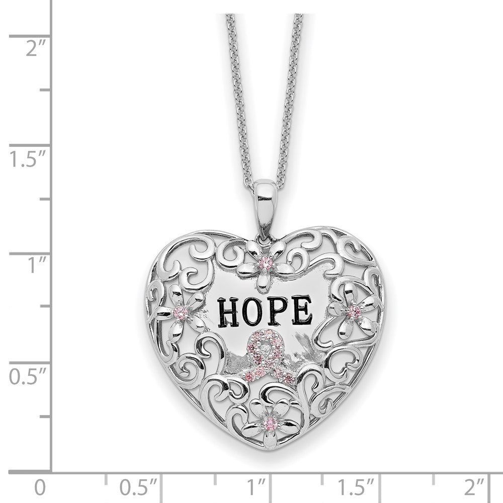SE Sterling Silver Rhodium-plated Pink CZ Breast Cancer Heart 18in Necklace