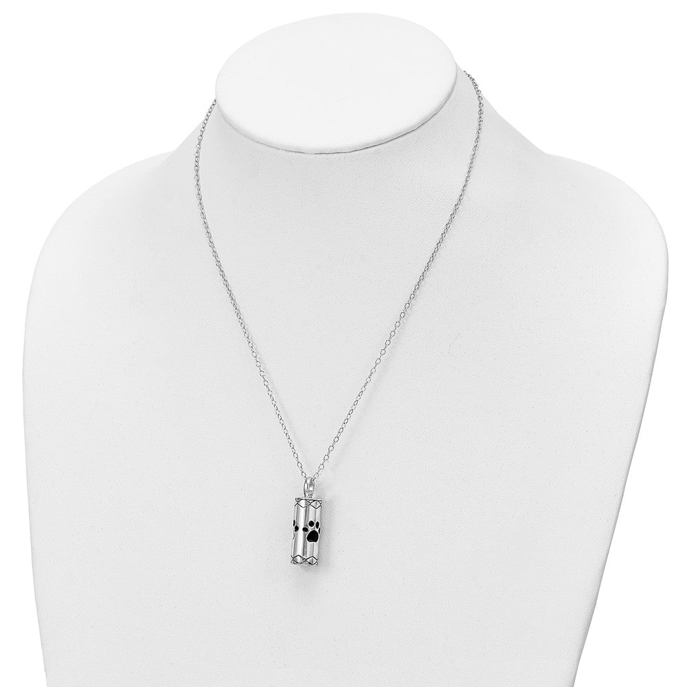 SE Sterling Silver Rhodium-plated Antiqued Cylinder with Paws Ash Holder 18 Inch Necklace