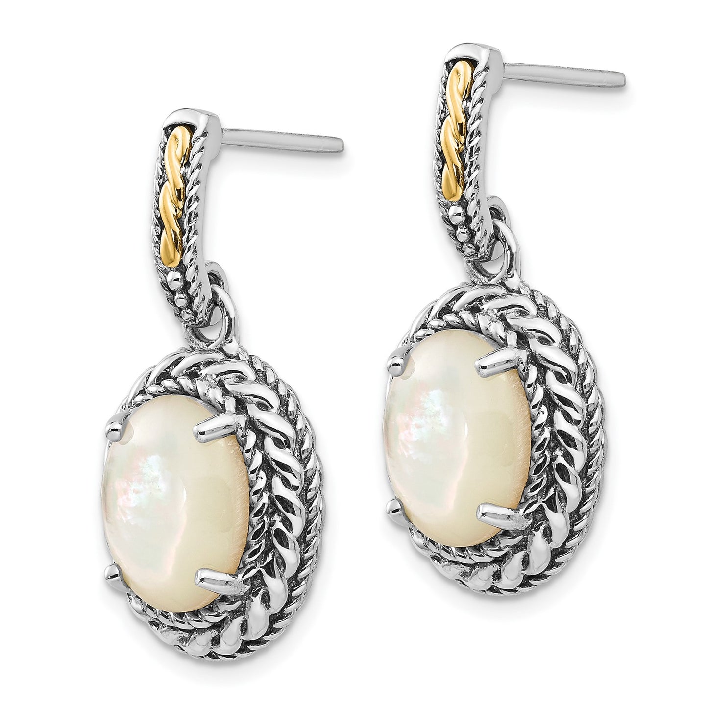 GSS Sterling Silver with 14K Accent Antiqued Mother Of Pearl Post Dangle Earrings