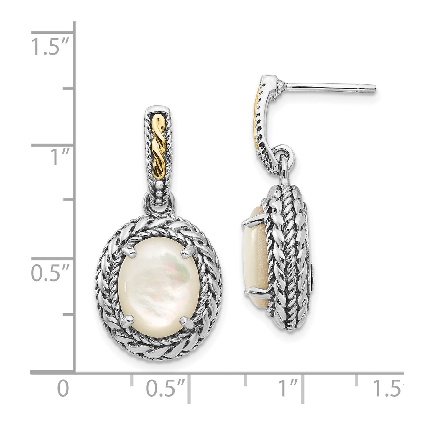 GSS Sterling Silver with 14K Accent Antiqued Mother Of Pearl Post Dangle Earrings