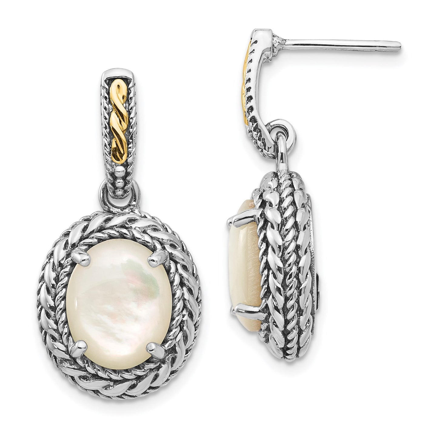 GSS Sterling Silver with 14K Accent Antiqued Mother Of Pearl Post Dangle Earrings