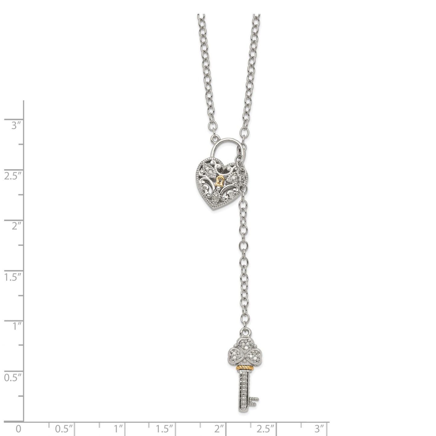 DSS Sterling Silver Rhodium-plated with 14K Accent 18 Inch Diamond Heart Lock and Key Necklace