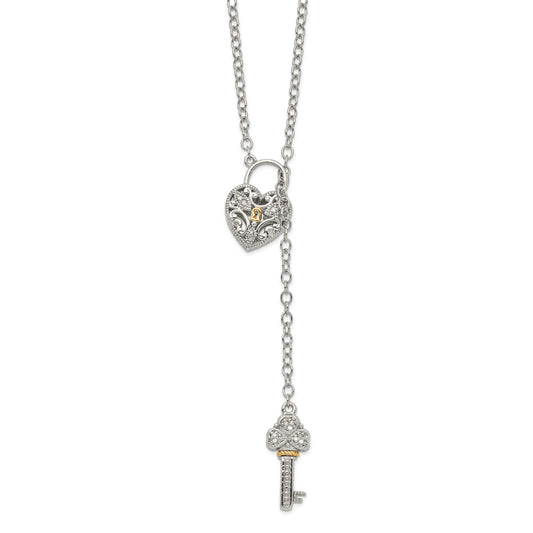 DSS Sterling Silver Rhodium-plated with 14K Accent 18 Inch Diamond Heart Lock and Key Necklace